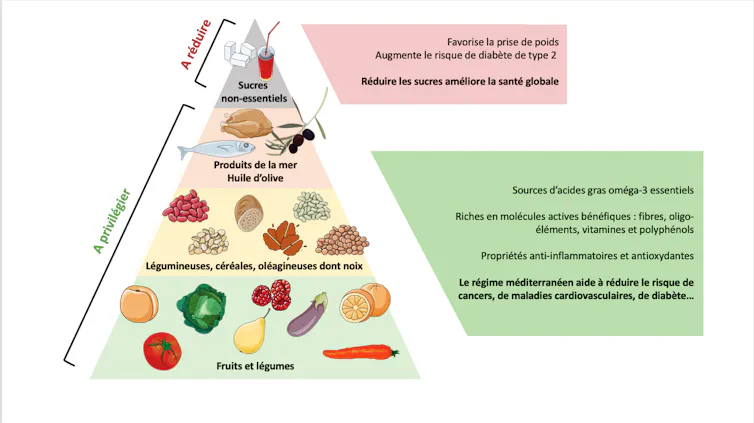 Une figure représentant une pyramide montre en haut les aliments à réduire et, en bas, ceux à privilégier ainsi que les effets de ces aliments sur la santé