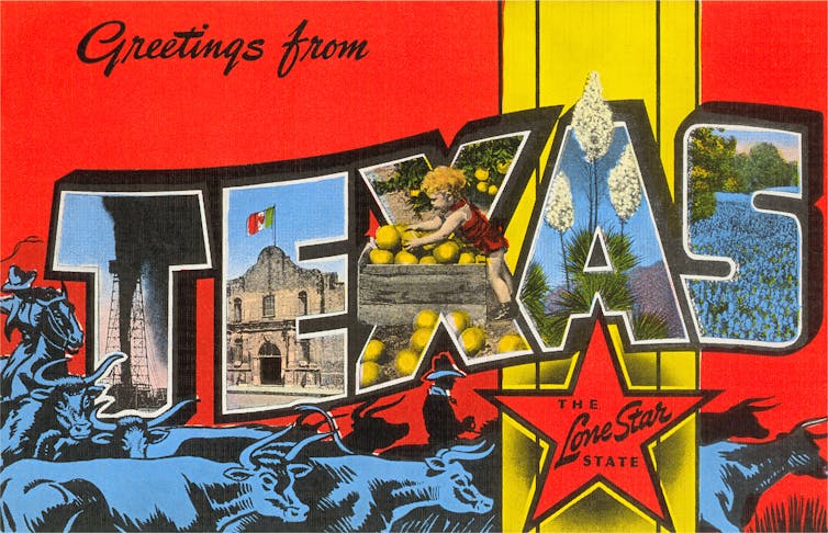The words 'Greetings from Texas' are seen on a colorful illustration, with a large red star, blue bulls and smaller images of fruit and flowers.