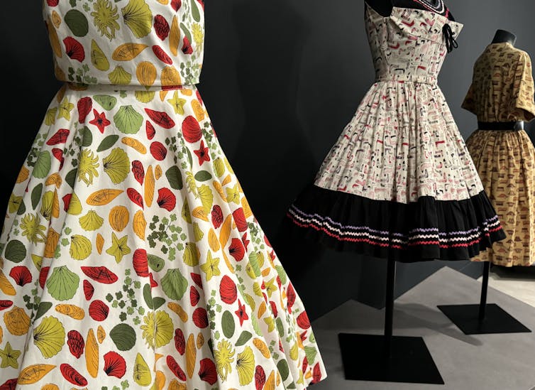 1950s-style dresses in bright fresh fabrics with motifs such as flowers and fruit.