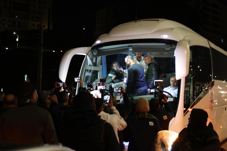 Palestinian prisoners being released in Ramallah, West Bank, 28 November 2023