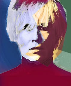 A pop-art style image of Andy Warhol in red, blue, green, yellow and pink.