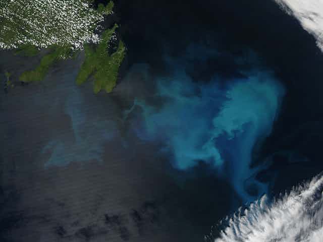 A satellite image showing a pale blue patch in the ocean.