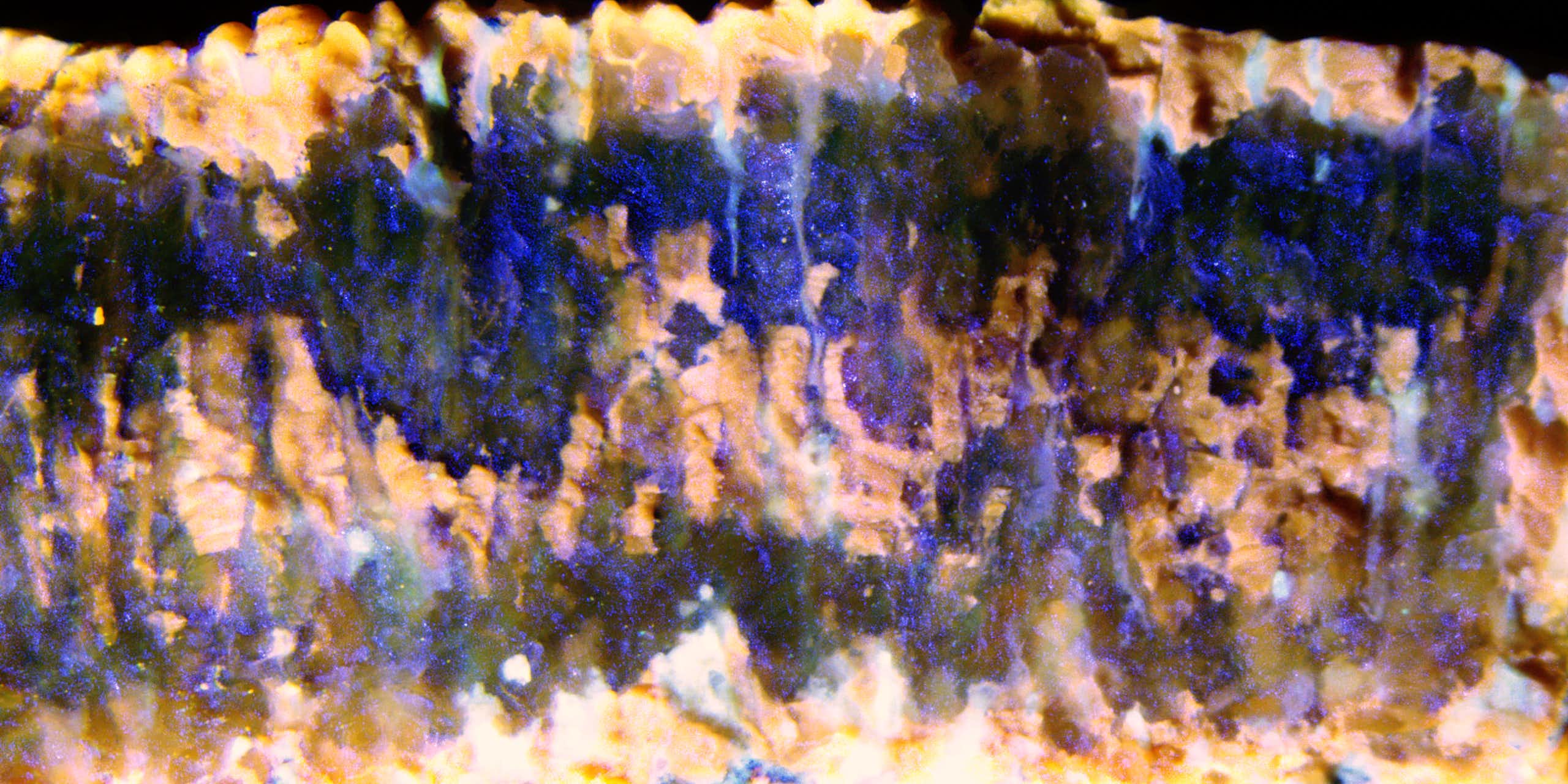 A cross section showing long, multicolor columnar structures.
