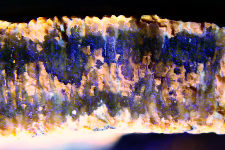 A cross section showing long, multicolor columnar structures.