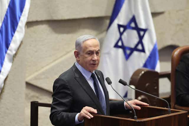 Israeli prime minister Benjamin Netanyahu addresses the Knesset, February 2024.