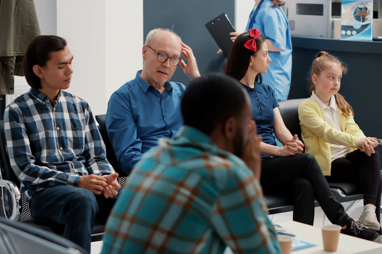 People sitting in a hospital waiting room.