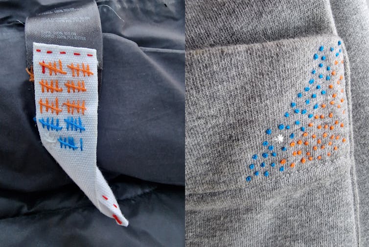 Gray fabric with tiny blue and orange stitching sewn into the material