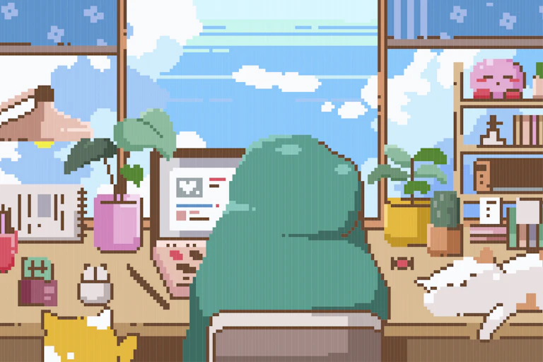 cartoon of a gamer in a blanket with cats