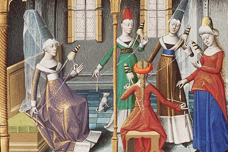 Women spinning yarn together
