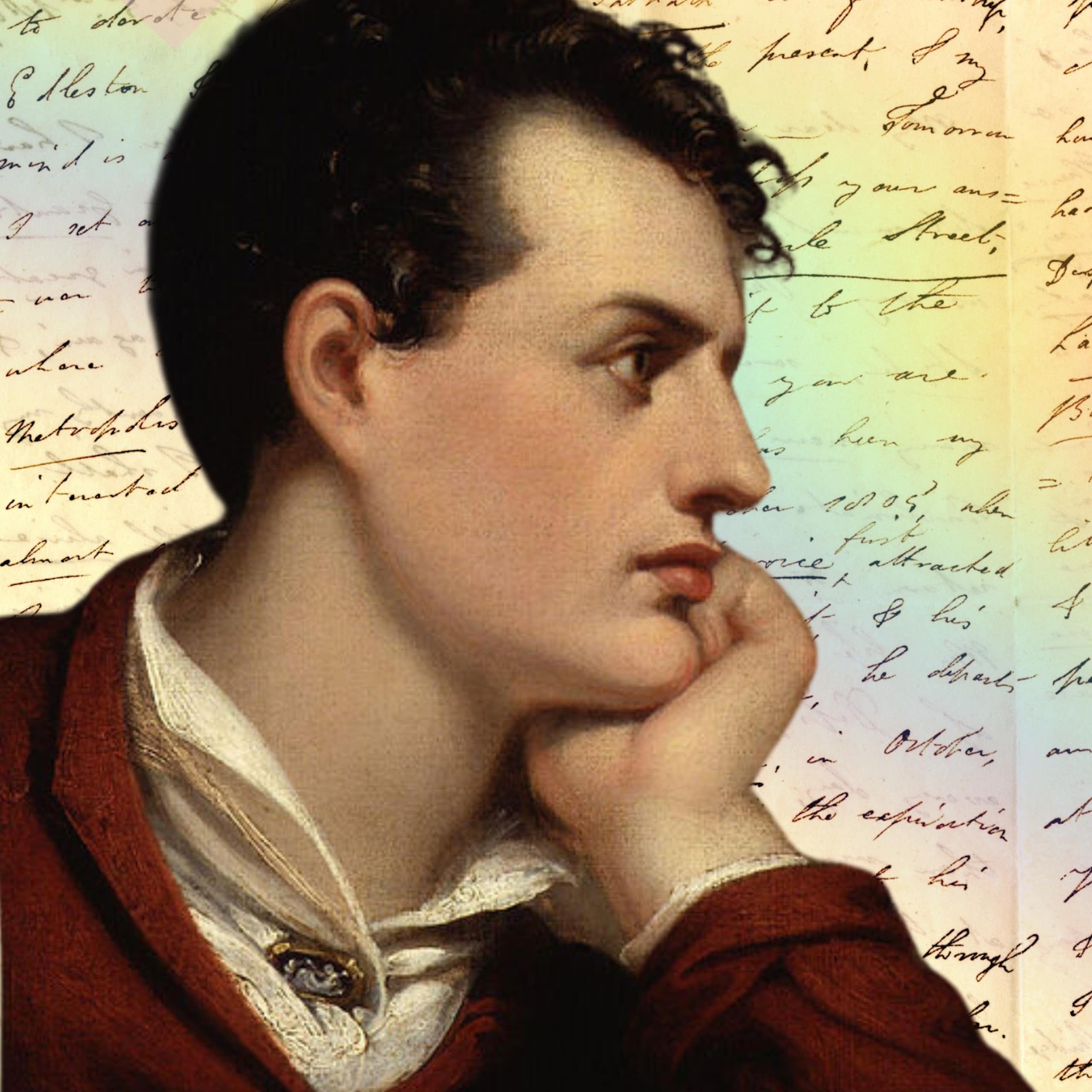 Cutout of Byron over a handwritten letter, with rainbow light