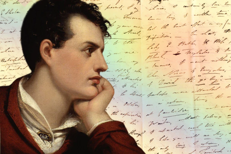 Cutout of Byron over a handwritten letter, with rainbow light