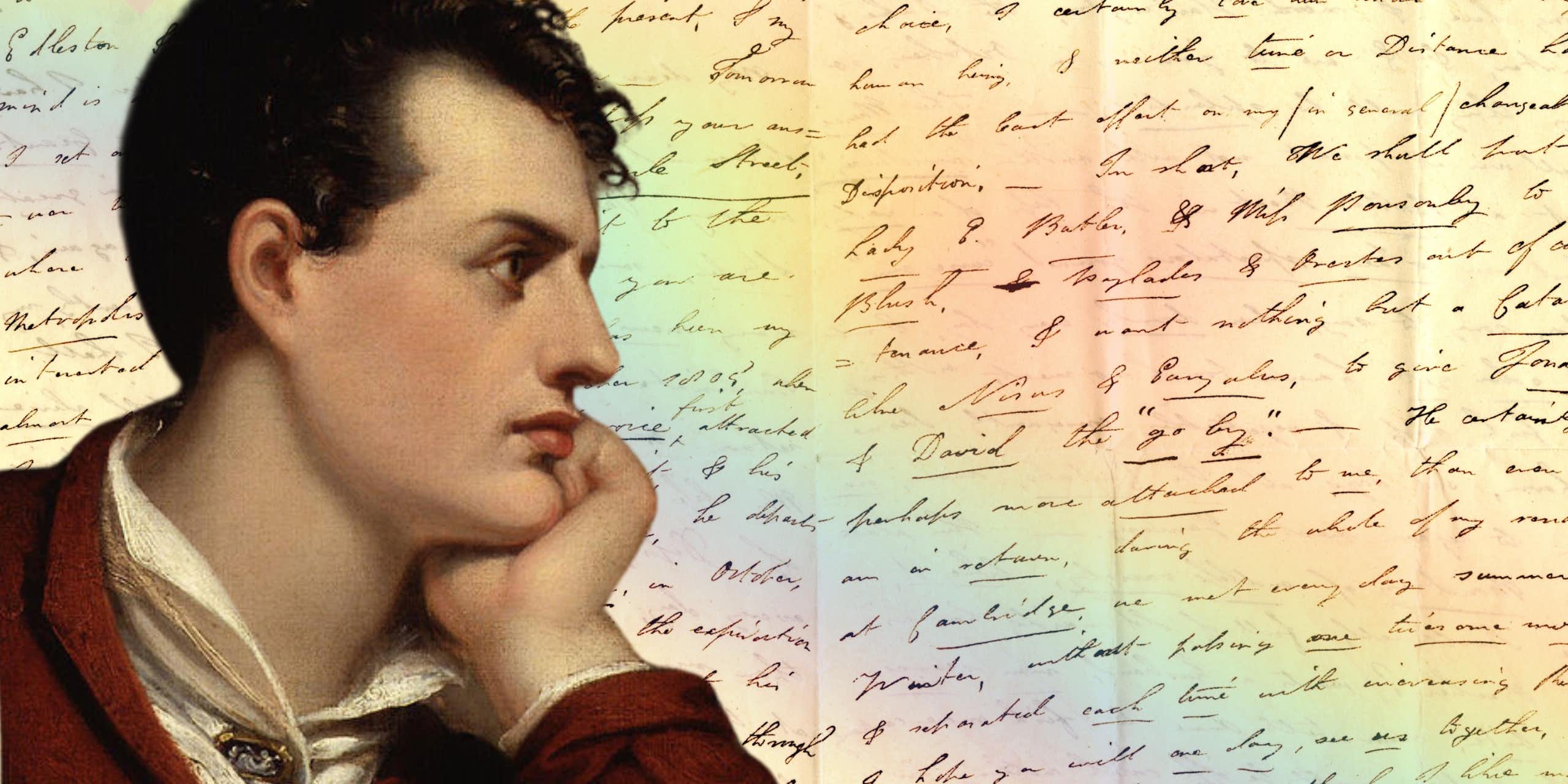 Cutout of Byron over a handwritten letter, with rainbow light