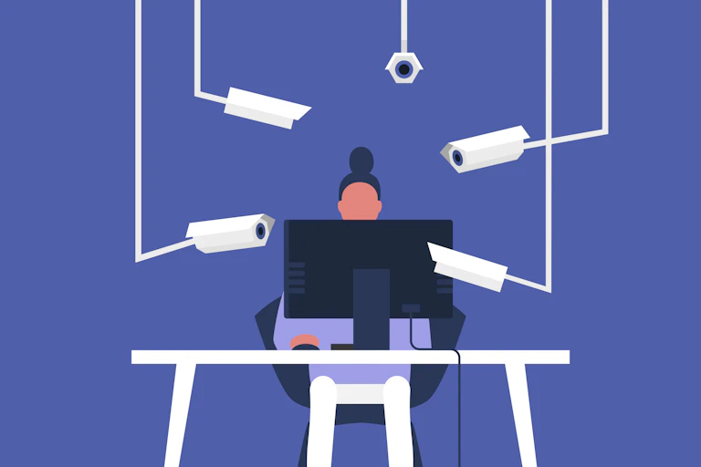an illustration of a woman searted at a desk working on a computer as five CCTV cameras surround her