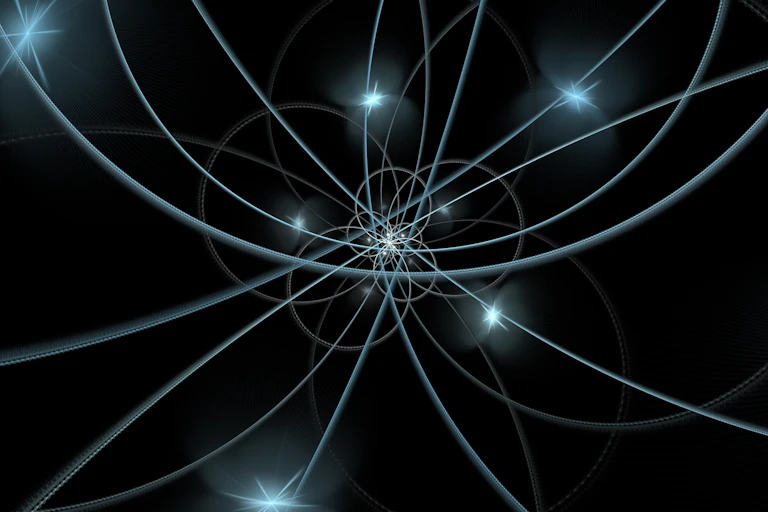 Abstract illustration showing lines, curves and glowing points of light against a dark background.