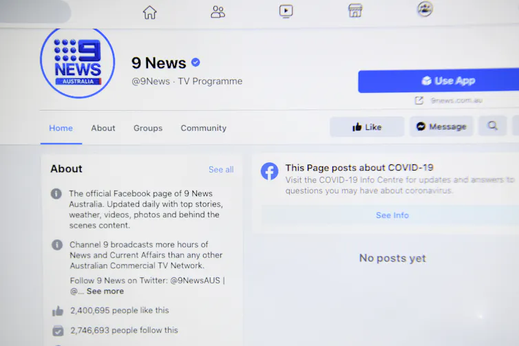 A 9 News Facebook page with no posts on it.
