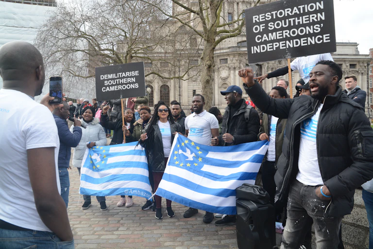 A group of people with flags and placards