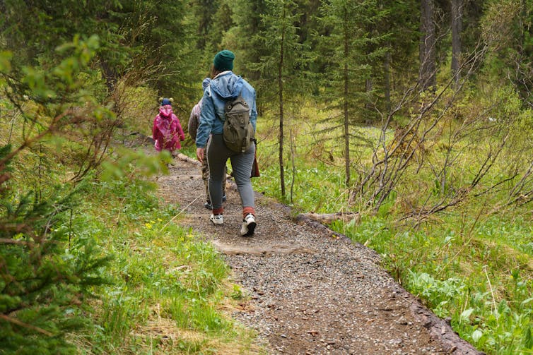 adult and child walk away from camera along path in forest, green grass and tree trunks