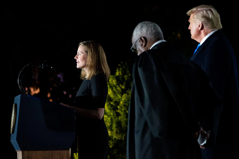 US Supreme Court associate justice Amy Coney Barrett at a podium.