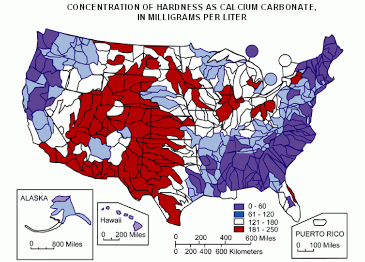 A map showing water hardness in the United States, with the hardest water in the Midwest, West, and Southwest.