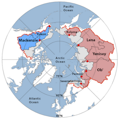 A map shows major rivers and their water sheds, primarily in Russia, Alaska and Canada.