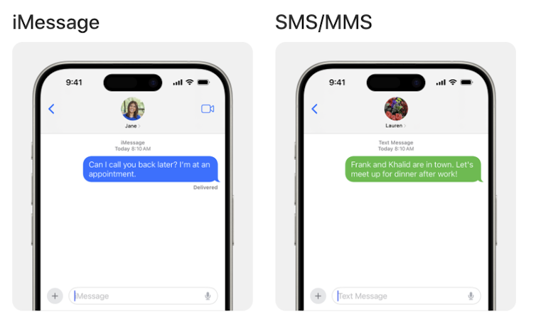 Two smartphone screens side by side, one with a text message in a blue bubble and the other with a text message in a green bubble