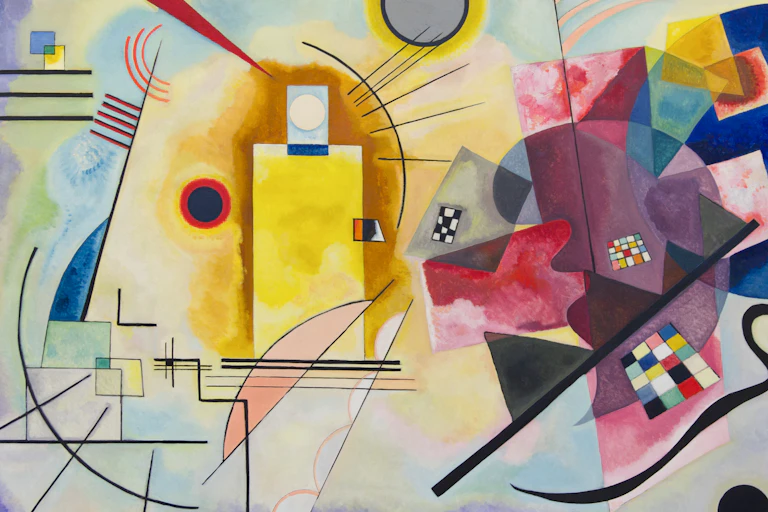 An abstract painting seen with geometric shapes floating including what looks like the side of a Rubik's cube.