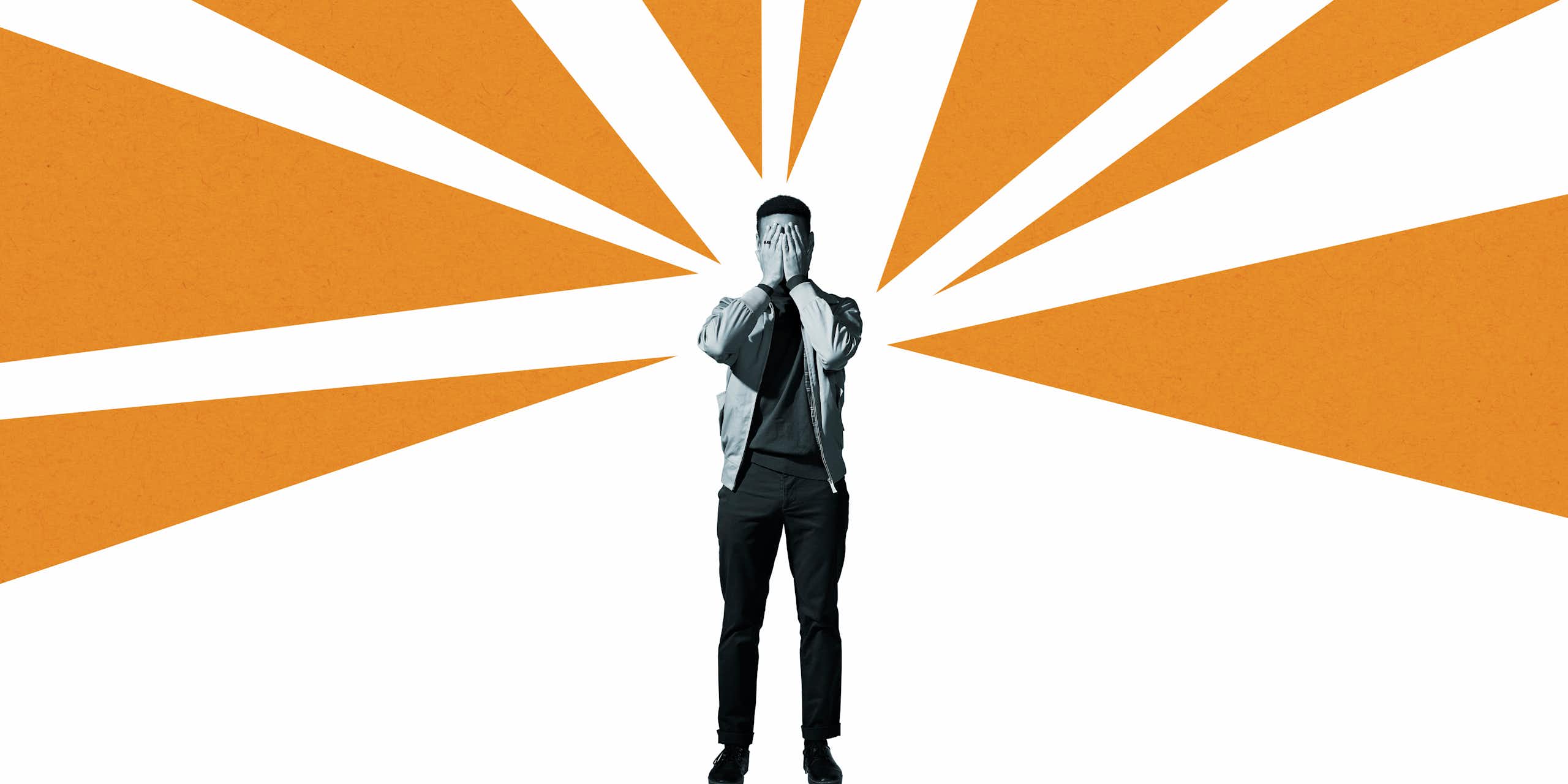 A stressed man, covering his face with his hands, stands amid illustrated orange rays and a white background.