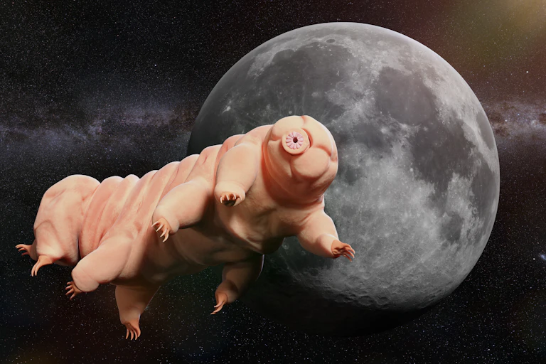 Illustration d'un tardigrade devant la Lune.