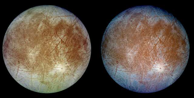 Europa seen in true colour (left) and false colour (right)