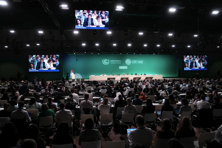 A crowd of people sit in front of a panel in front of a green background.