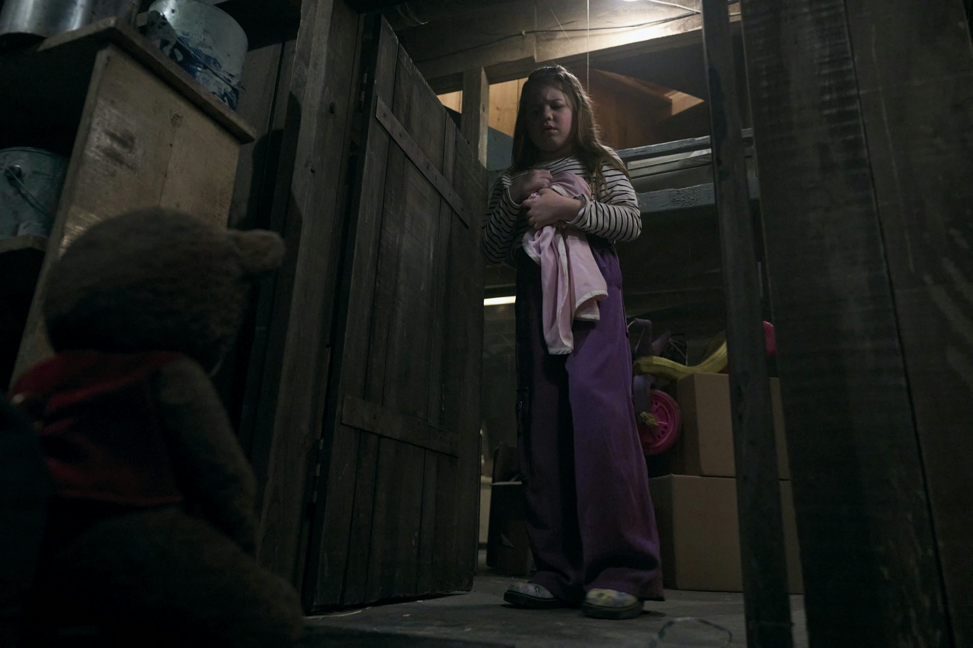 Bear in a closet looking up at little girl
