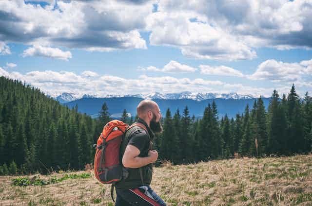 A fit man who is balding is hiking in the wilderness.