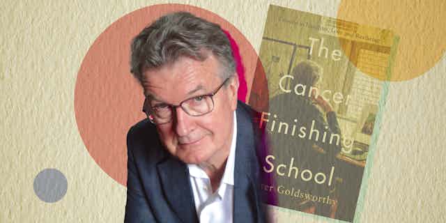 Peter Goldsworthy and his book The Cancer Finishing School in the background with coloured circles framing them