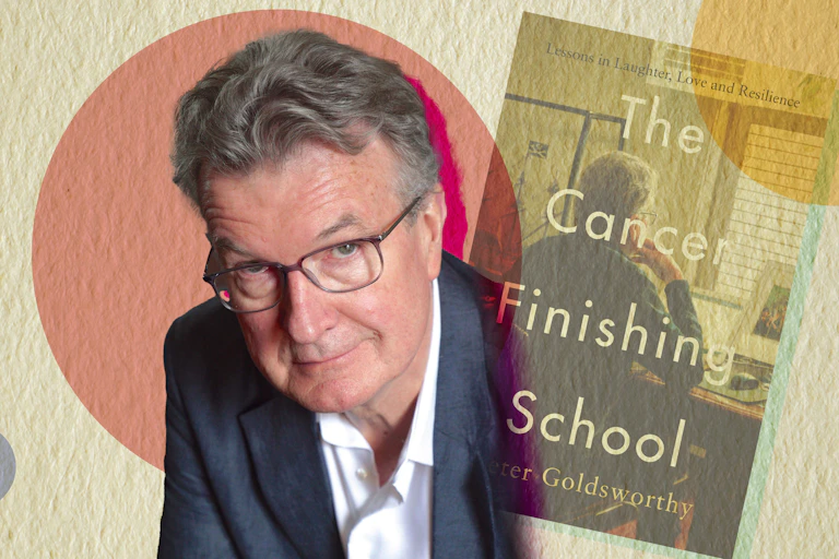 Peter Goldsworthy and his book The Cancer Finishing School in the background with coloured circles framing them