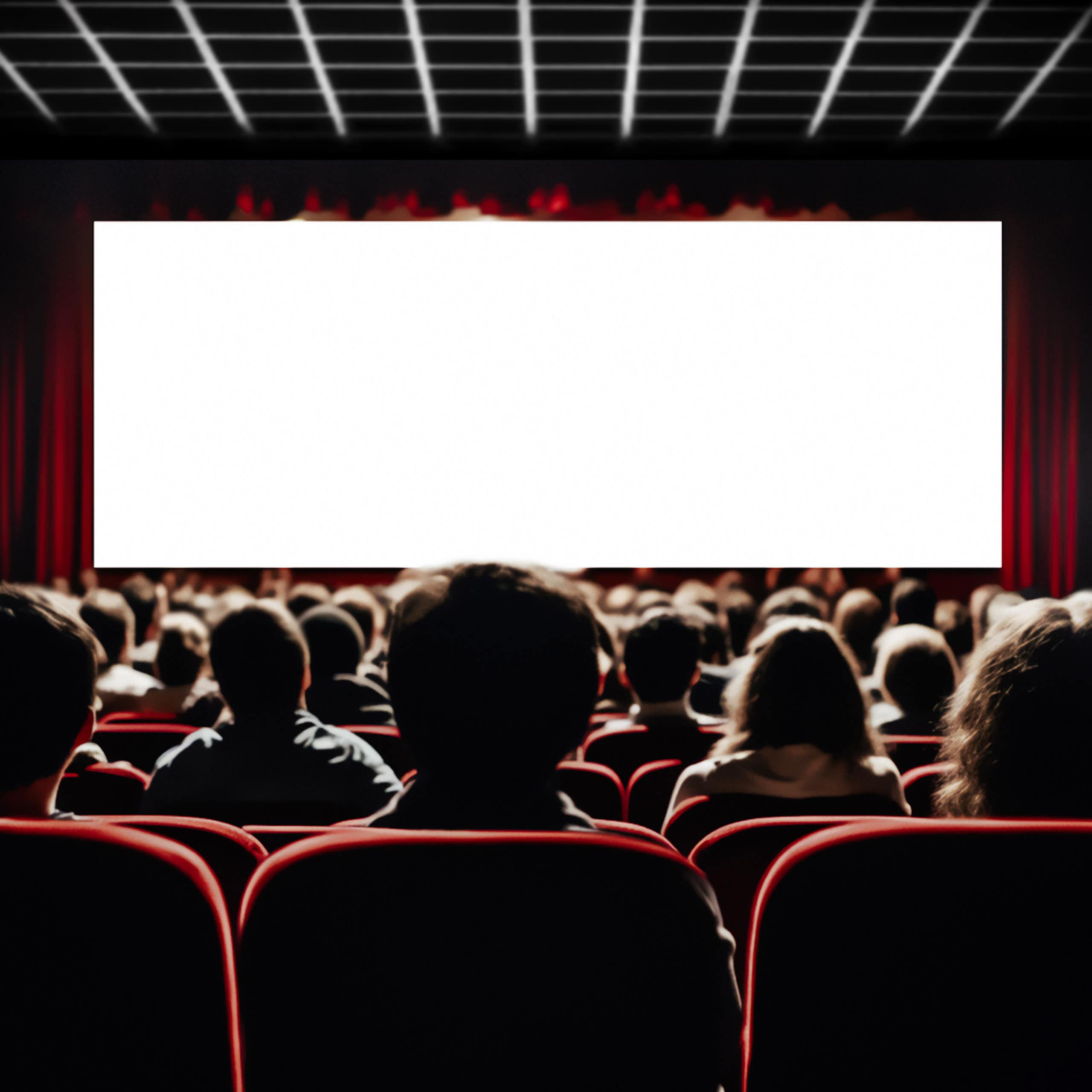 The back of people's heads as they sit in rows staring at a blank white screen in a movie theater.