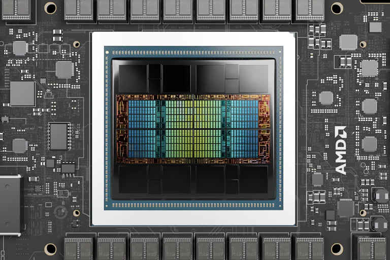 A photo of an iridescent computer chip.