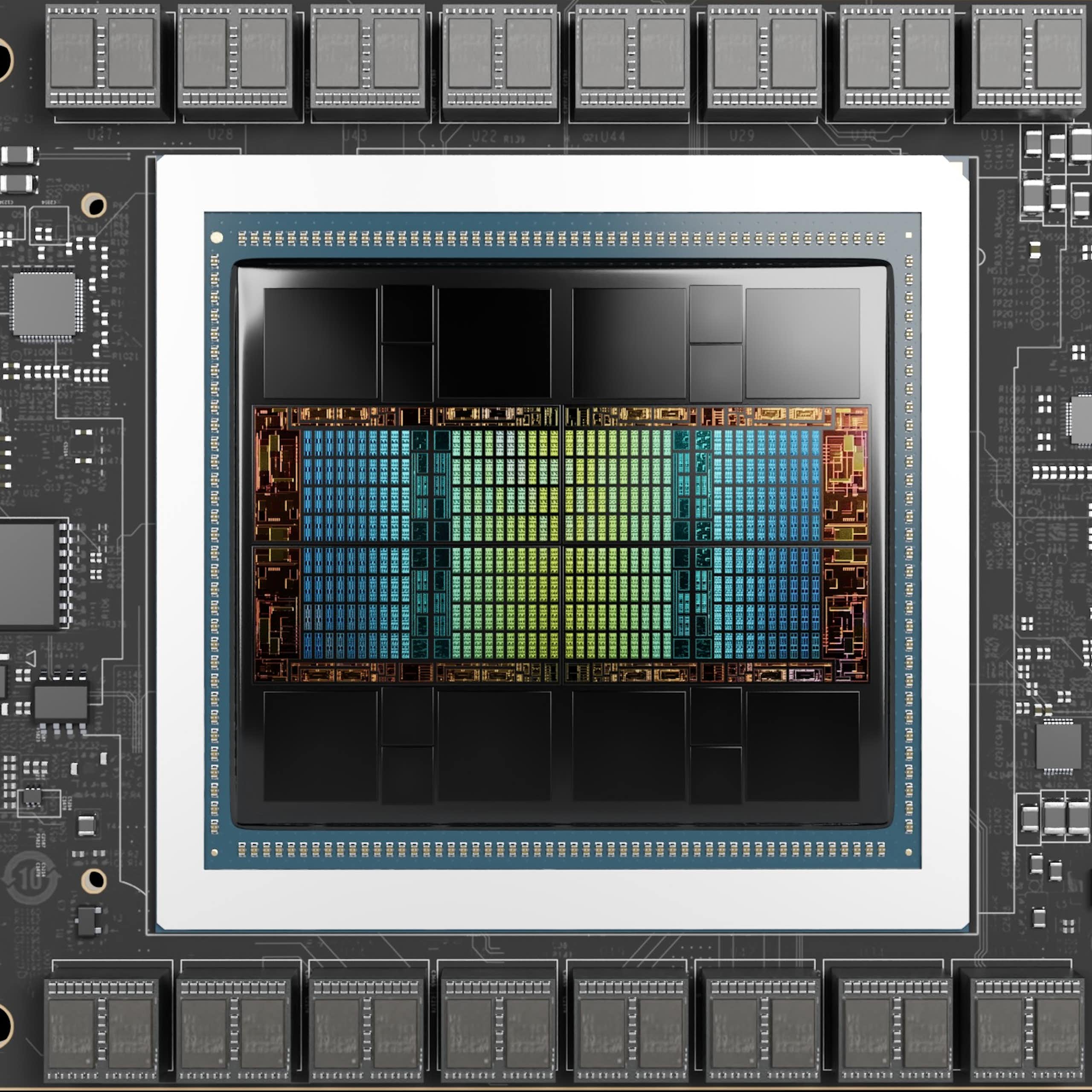 A photo of an iridescent computer chip.