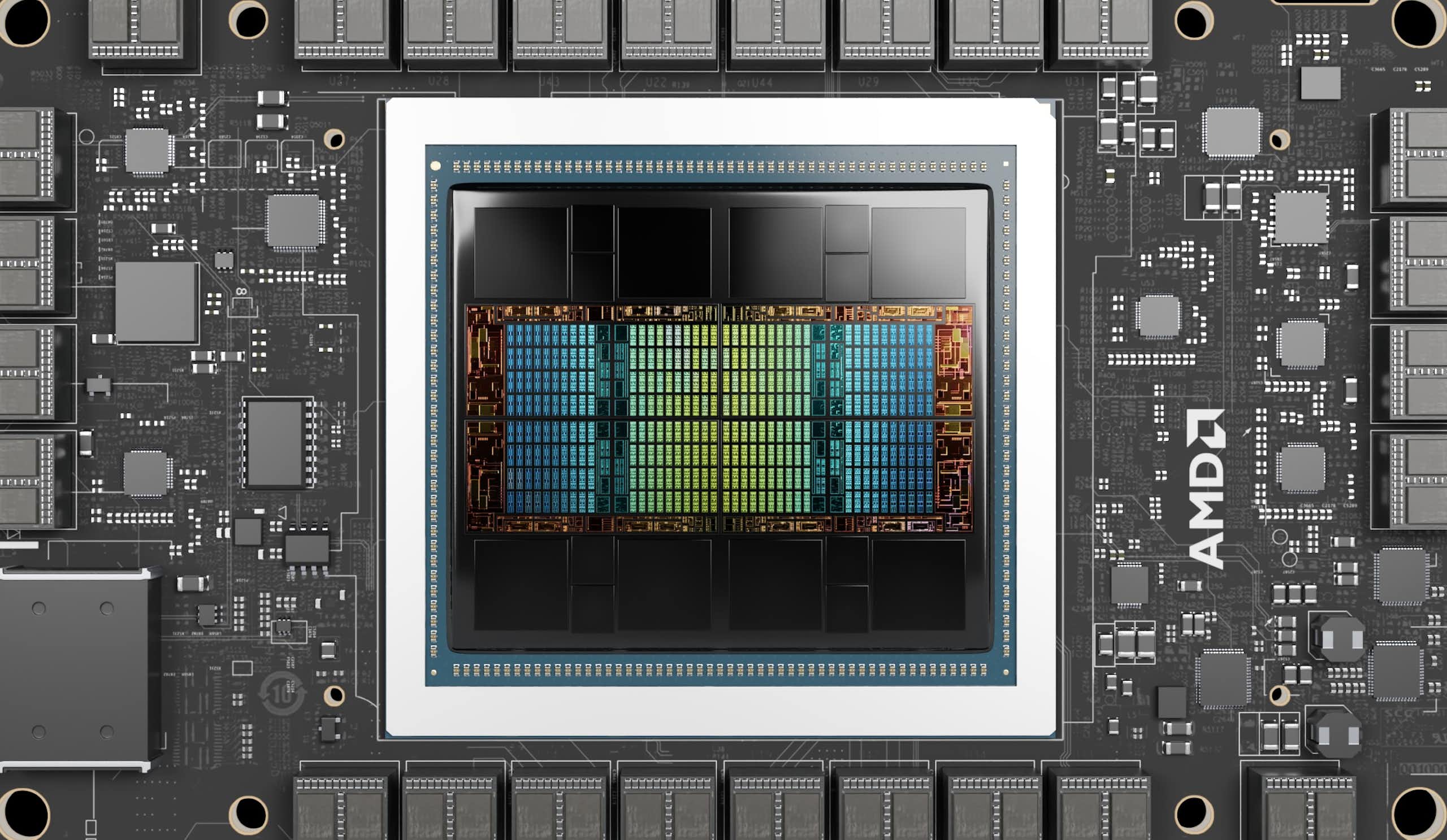 A photo of an iridescent computer chip.