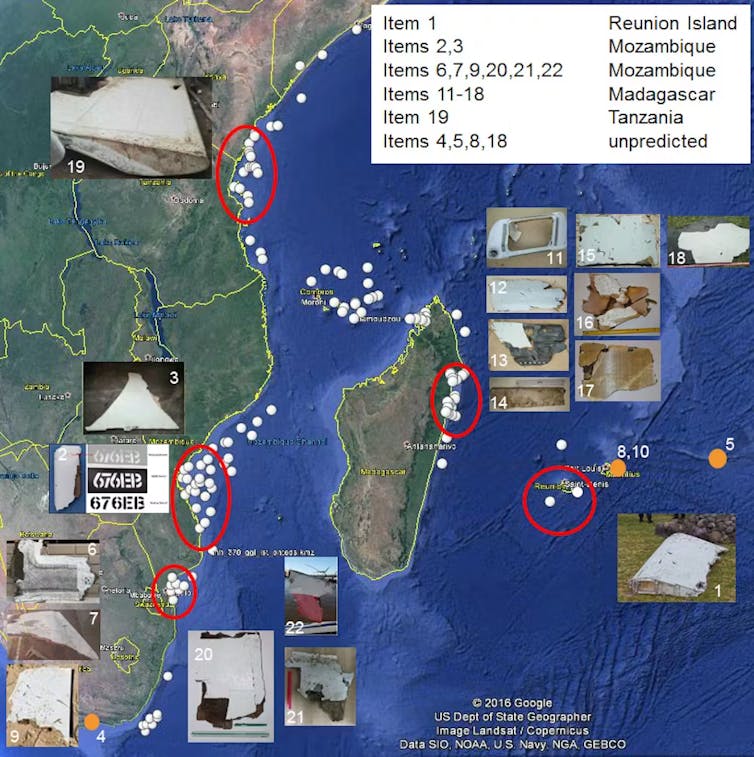A detailed satellite map showing locations of debris found on the shores of Africa and Madagascar.