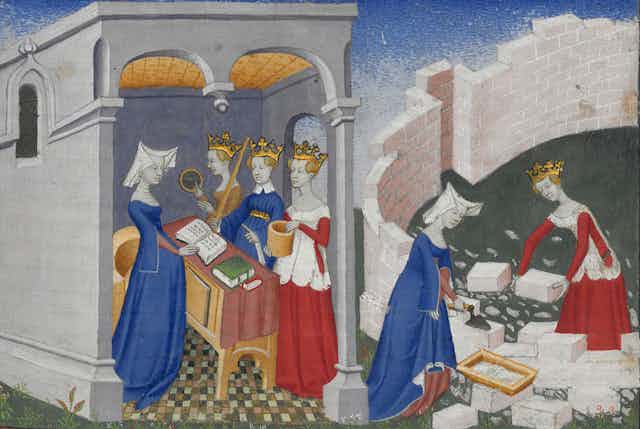 15th century painting of women in red and blue dresses read, play instruments and build a structure.