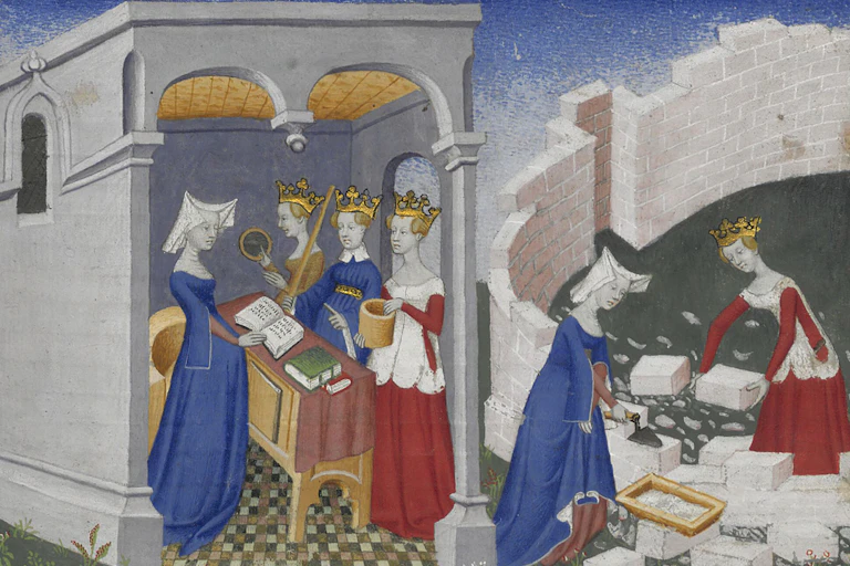 15th century painting of women in red and blue dresses read, play instruments and build a structure.