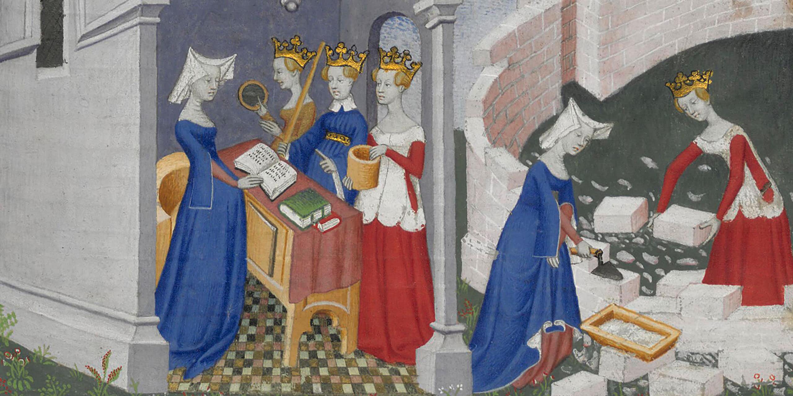 15th century painting of women in red and blue dresses read, play instruments and build a structure.