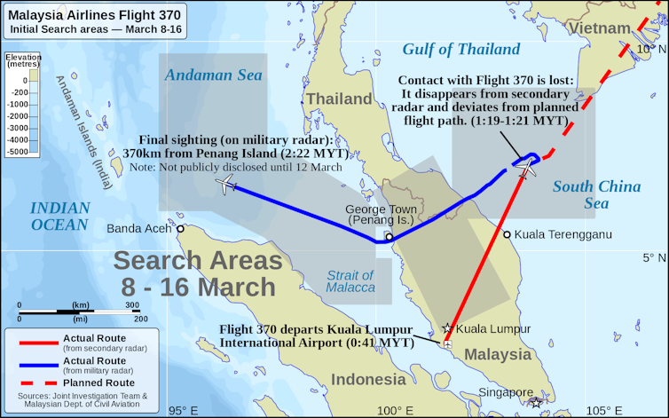 A map of the region showing the initial search areas on 8-16 March.