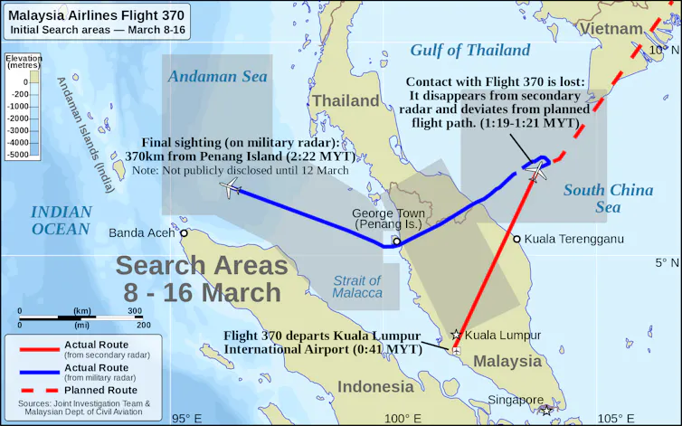 A map of the region showing the initial search areas on 8-16 March.