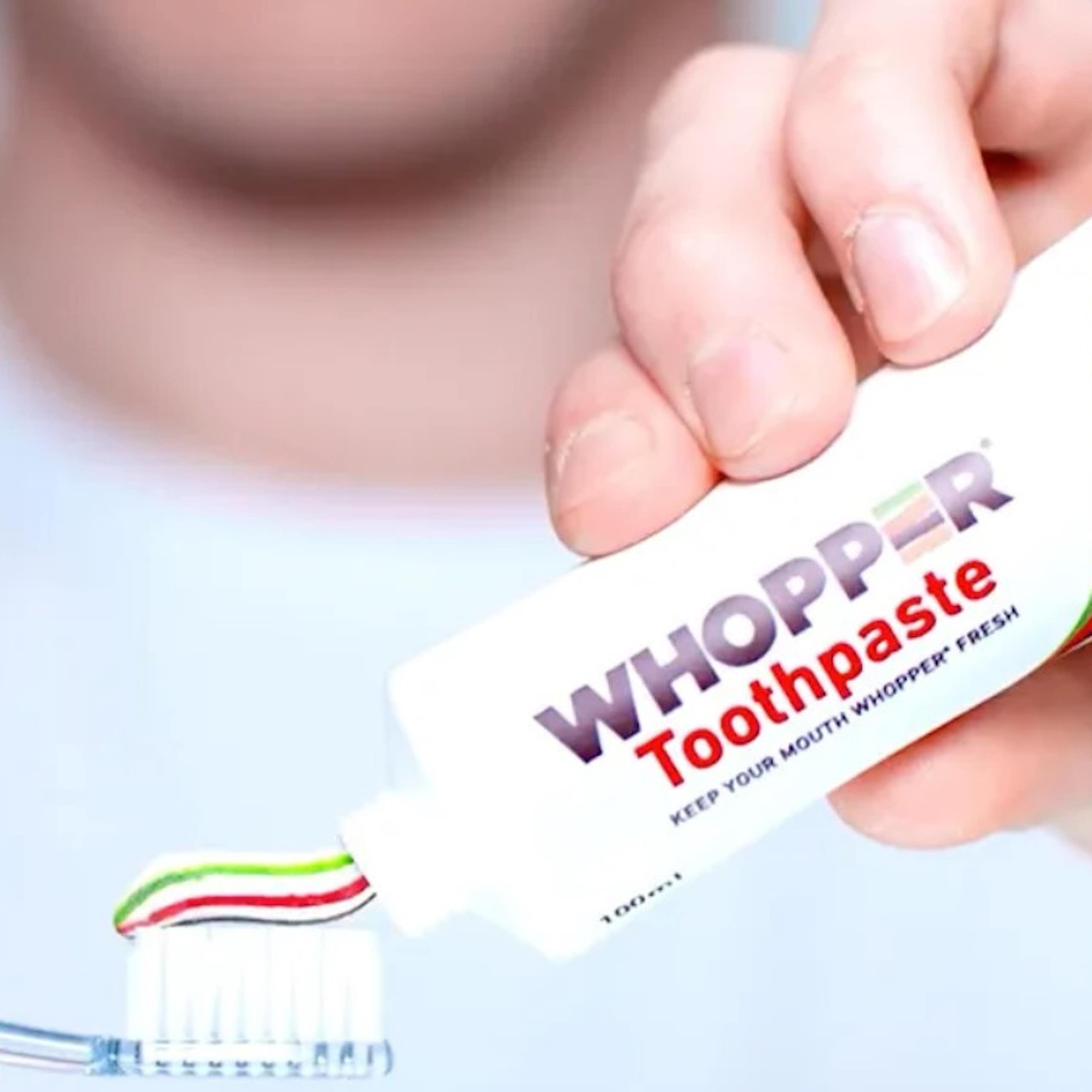 A toothpaste tube reading 'Whopper'