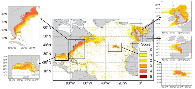 map with red hotspots indicating areas with high levels of plastic pollution