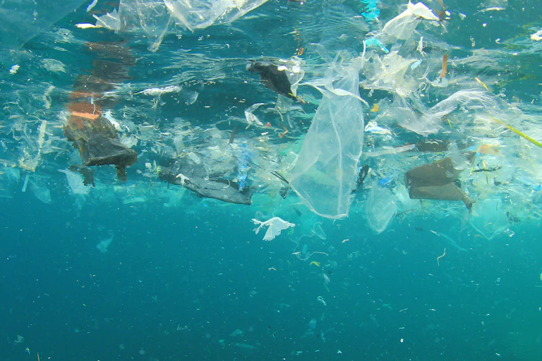 UNderwater shot of blue sea, white and coloured plastic floating litter near the surface