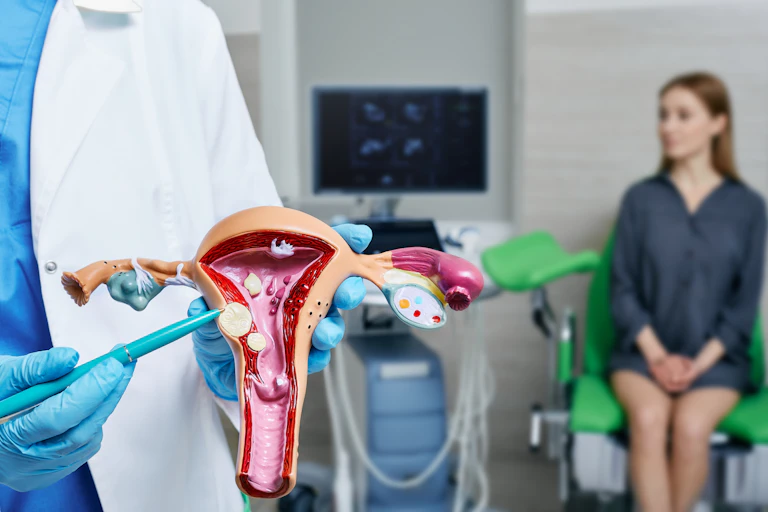 Mão de médico aponta modelo do aparelho reprodutivo feminino com mulher ao fundo em consultório