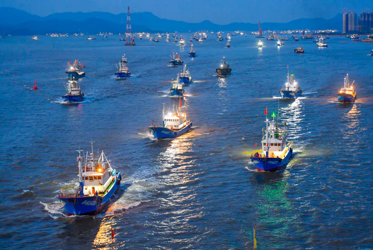 Dezenas de barcos de pesca saem de um porto urbano