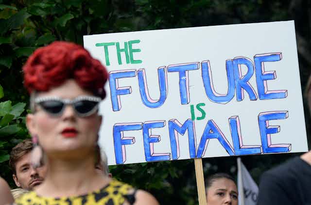 A protest sign that reads 'the future is female'